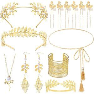 Greek Goddess Costume Jewelry Set Gold Laurel Leaf Crown Earrings Necklace